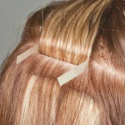 A tape-in weft sandwiched around a thin section of natural hair